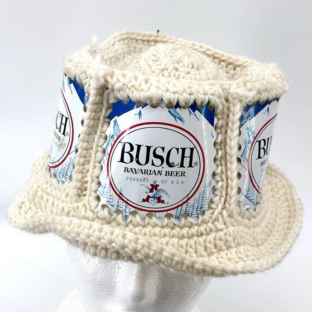 Vintage 1970s Busch Beer Can Crochet Hat Handmade Folk Art (S)